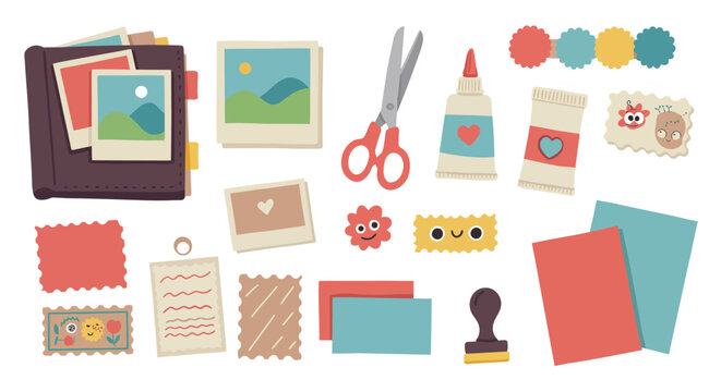 A collection of flatstyle scrapbooking and crafting supplies on a white background