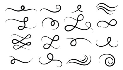 Elegant hand drawn flourish set with swirls and decorative divider elements. Flat line style ornament collection for border, frame, vintage design, invitation, logo or decorative accent.