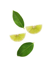 Yellow lemon slices falling with green leaves isolated on transparent background