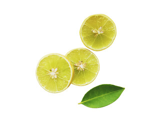 Yellow lemon slices falling with green leaves isolated on transparent background