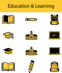 Education Icons: Books, Pencils, School, Laptop, Graduation