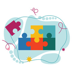 Problem solving concept with puzzle game on organic uneven shape background in flat cartoon style. Creative hand drawn clipart for idea, thinking, strategy, teamwork and business design projects.