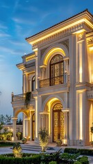Obraz premium A grand, opulent residence at dusk, showcasing neoclassical architecture with ornate detailing, illuminated by warm lighting, emphasizing its grandeur and luxurious design