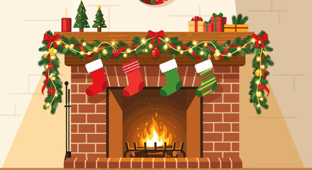 Charming christmas fireplace scene with stockings and festive decorations for the holidays