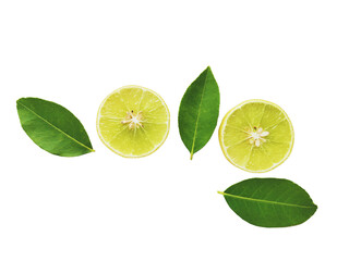 Yellow lemon slices falling with green leaves isolated on transparent background