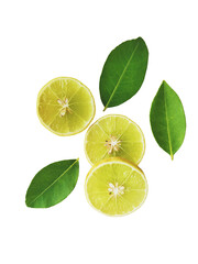 Yellow lemon slices falling with green leaves isolated on transparent background