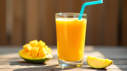 Fototapeta premium glass filled brim vibrant mango smoothie garnished bright blue straw set soft focus wooden