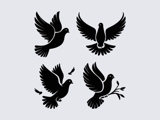 Elegant vector illustrations of flying doves in various poses for design projects silhouette white background
