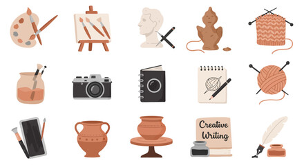 Collection of fifteen flat icons depicting art craft and creative pursuits