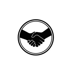 Fototapeta premium Black and white icon of two hands shaking within a circular frame, symbolizing agreement, partnership, or a greeting.