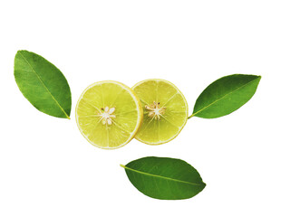 Yellow lemon slices falling with green leaves isolated on transparent background