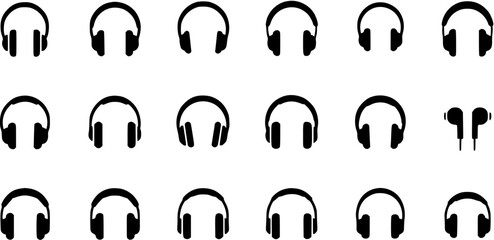 Headphones and Earbuds Icons Set, Various Styles, Black Silhouettes on White Background, Music Audio Devices Collection