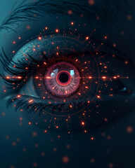The captivating image of an eye with digital elements around it, evoking futuristic technology. The eye appears to be enhanced with a network of glowing particles and lines