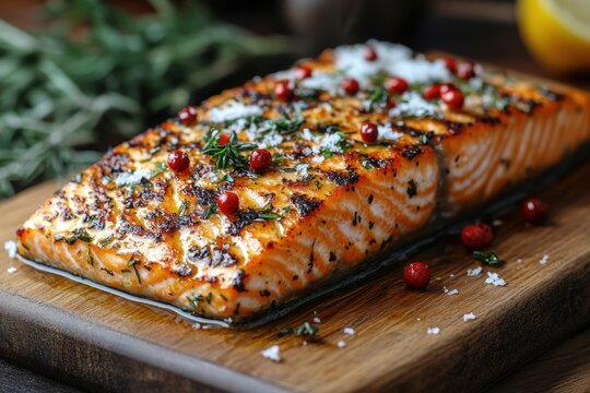 Salmon steak topped with lemon-thyme sauce.