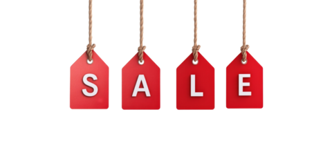 Red sale tags on hanging ropes - discount promotion concept