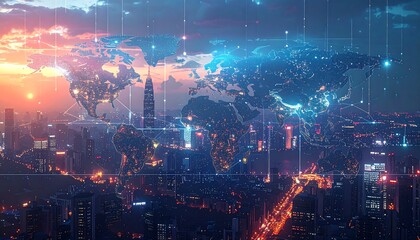 A vibrant cityscape merges with a digital world map overlay, representing global connections during twilight. Illuminated buildings punctuate the skyline