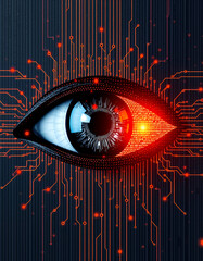 Digital eye with circuit board lines, representing digital surveillance, computer vision, and technological advancement. The red eye with circuit lines evokes a sense of security.