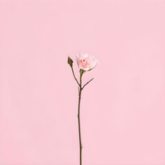 A delicate pink rose with a bud on a slender stem against a soft pink background.