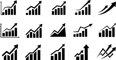 Set of vector growth icons, depicting business and financial success with bar and line charts, upward arrows, and market trend indicators.
