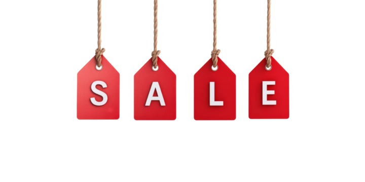 Red sale tags on hanging ropes - discount promotion concept