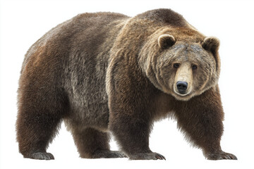 Fototapeta premium Large grizzly bear stands on all fours, showcasing its thick fur and powerful build against white background. bear expression is calm yet commanding, highlighting its majestic presence