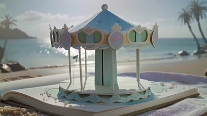 A Whimsical Pop-Up Carousel with a Seahorse, Evoking Summer Dreams on a Tranquil Tropical Beach - Powered by Adobe