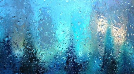 Raindrops on Glass with Blue and Teal Hues for Decorative or Design Projects
