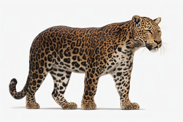 Naklejka premium Realistic photograph of spotted leopard standing gracefully against white background, showcasing its distinctive fur pattern and powerful stance