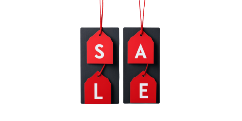 Red sale tags hanging against black background for shopping event promotion