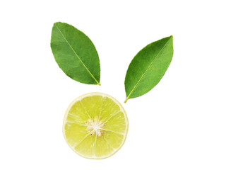 Yellow lemon slices falling with green leaves isolated on transparent background