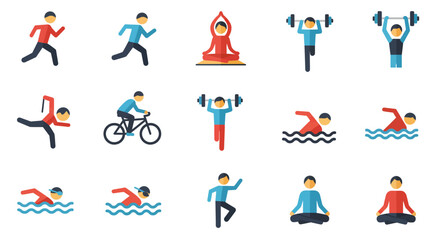 Grid of fifteen flatdesign icons depicting various physical activities and exercises