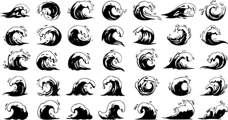 Set of Hand-Drawn Water Waves: Vintage Ocean Collection