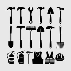 Collection of silhouetted construction and safety tools vector graphic scalable eps icon silhouette white background
