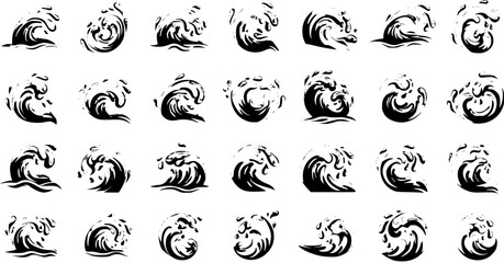 Collection of Black Wave Icons, Isolated, White Background