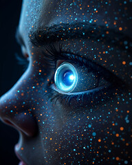 An eye featuring cosmos in an up-close portrait, with sparkling celestial effect on the face