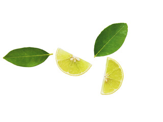 Yellow lemon slices falling with green leaves isolated on transparent background