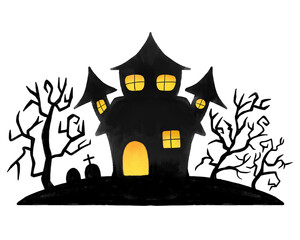 Halloween haunted house, Hand drawn watercolor painting, Ghost mansion isolated clipart element for design decoration, web site footer, holiday ornament.