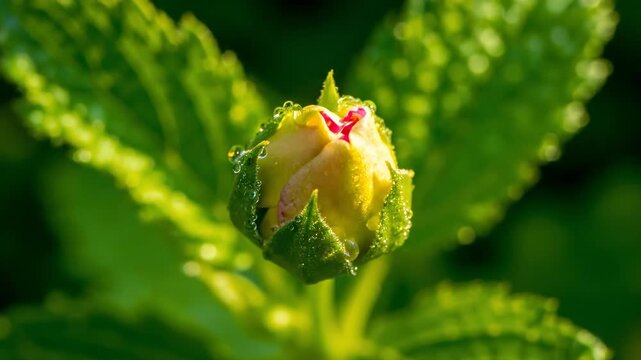 Tiny flower bud gracefully growing, swelling, and then slowly unfurling into a full blossom in a detailed timelapse tiny flower bud, new life, plant