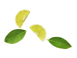 Yellow lemon slices falling with green leaves isolated on transparent background