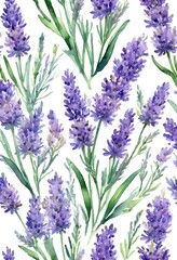 Fototapeta premium Purple lavender blooms sway amid green leaves, bringing tranquility and joy to a sunlit space, highlighting natures delicate beauty in watercolor Generative AI
