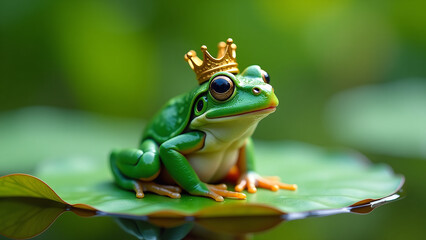 regal frog perches lily pad emerald skin glistening soft morning light delicate gold crown rests upon miniature