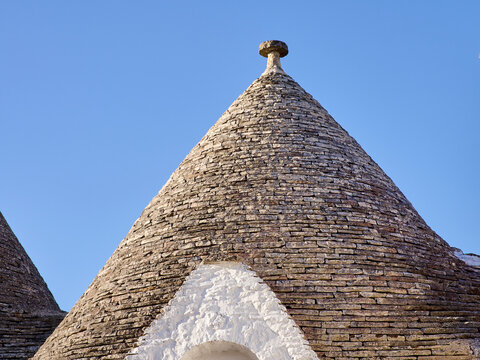 Roof of a Trullo. Alberobello Trulli. Itria Valley, Puglia, Italy, Europe. Trulli are limestone dwellings with conical roofs built up of corbelled limestone slabs