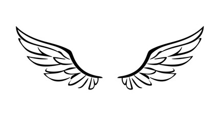 Two stylized, symmetrical wings are depicted in black outline against a white background.