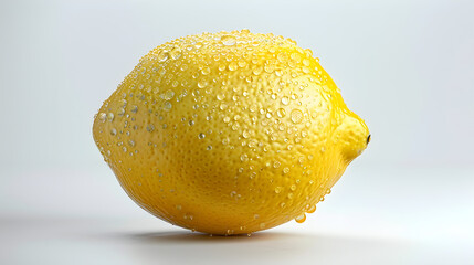 Close-up of a vibrant yellow lemon covered in glistening water droplets on a clean white background