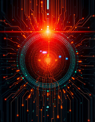 A captivating abstract depiction of a computer circuit board, showcasing interconnected pathways and a central core of data processing.