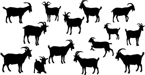 Detailed black vector silhouettes of a diverse herd of goats, showcasing various poses and sizes on a clean white background, perfect for farm animal illustrations.