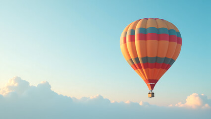 Fototapeta premium serene hot air balloon floats majestically soft gradient blue morning sky wispy white clouds subtle sunlight casting