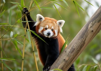 Red panda portrait among bamboo foliage capturing its endearing features and black and orange fur resting on tree branch