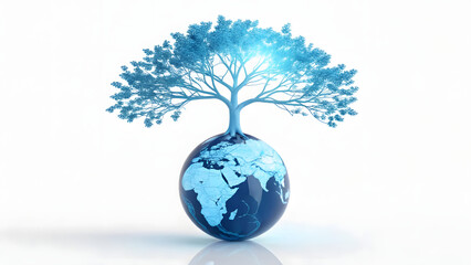 Futuristic blue holographic tree growing from globe symbolizing sustainability, ecology, and global environmental balance