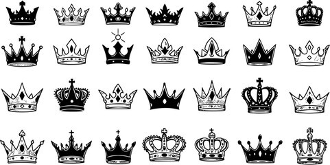 Hand-Drawn Crown Icons Set. Black and white vector illustrations of various royal, king, queen, and prince crowns in a doodle style. Collection of regal headwear symbols.